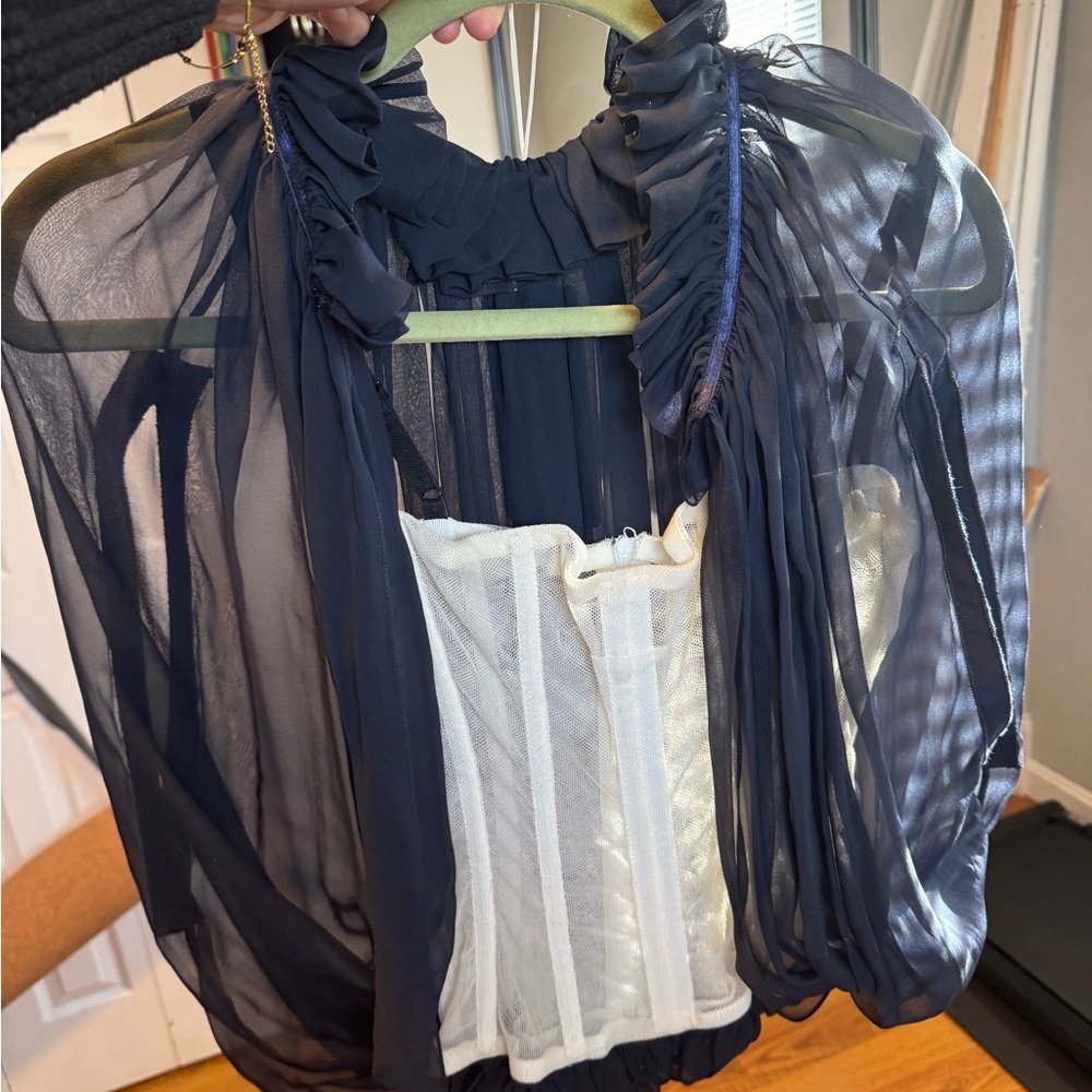 Dolce & Gabbana Navy Blue Sheer Blouse with White Corset